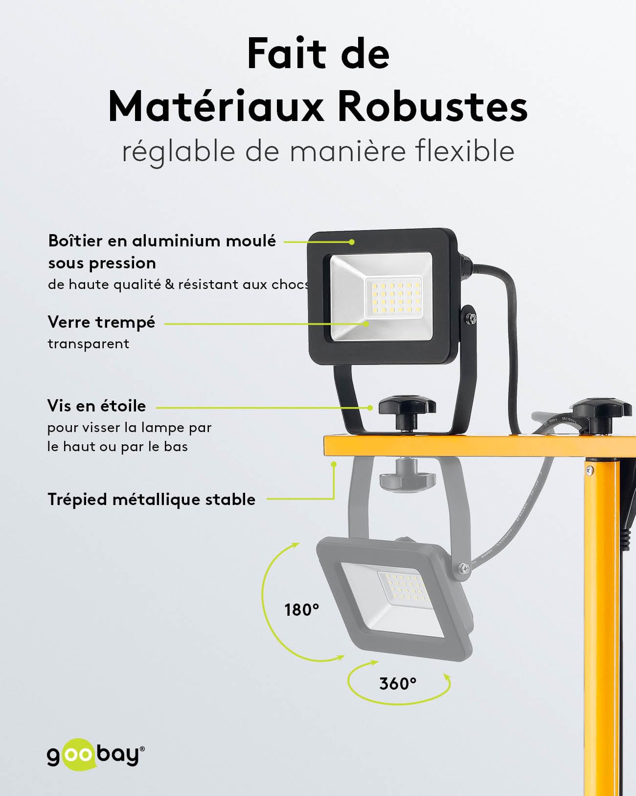 goobay 57845 Projecteur de chantier LED sur pied télescopique 2 x 20W / 3400lm / Lumière blanc neutre - 4000K / Pour l'intérieur & l'extérieur - IP65 / Noir/Jaune