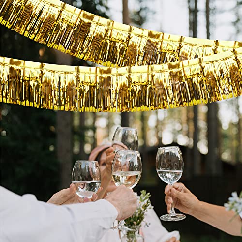 Image of 4 Pack Iridescent Float Fringe Curtains, Metallic Foil Fringe Garland Shiny Tassel Foil Float Parade Float Decorations for Trailer Car Graduation Homecoming Outdoor Indoor Party (Gold)