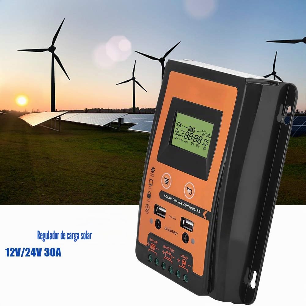 Controlador solar MPPT 12V/24V 30A50A Panel solar Controlador de batería USB dual Pantalla LCD IP32 Adecuado para automóviles y motocicletas o pequeños electrodomésticos (30A)