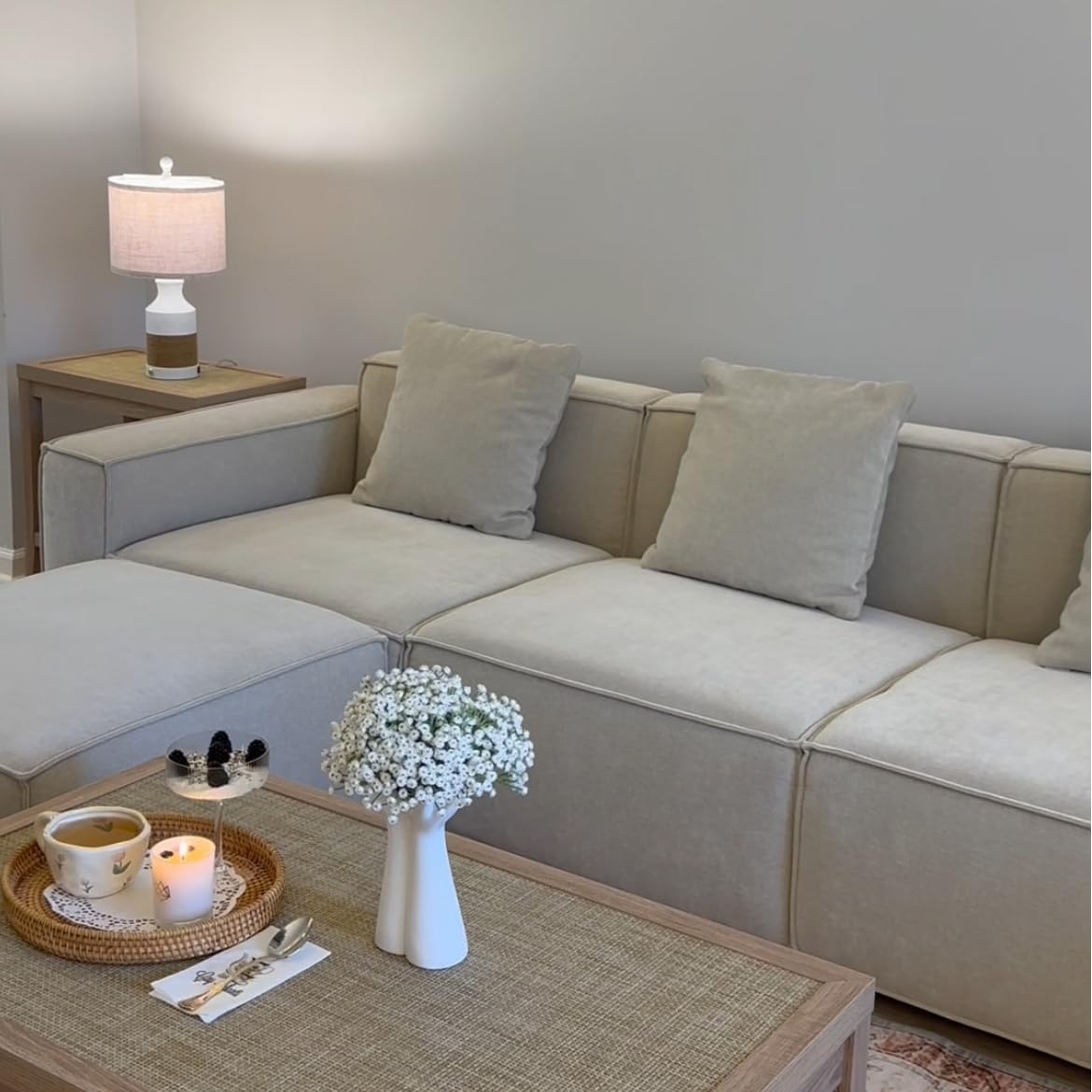 Acanva Luxury Modular Sectional Sofa Set, Cream L-Shape