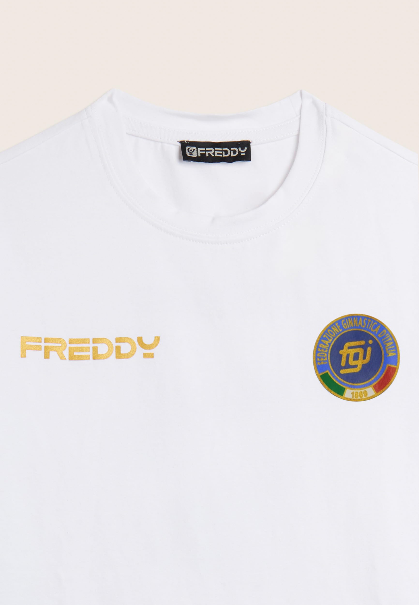 FREDDY - Maglietta Donna Nazionale Italiana di Ginnastica FGI in Jersey di Cotone Elasticizzato - T-Shirt con Girocollo Bianco con Maxi Stampa ITA sulla Schiena