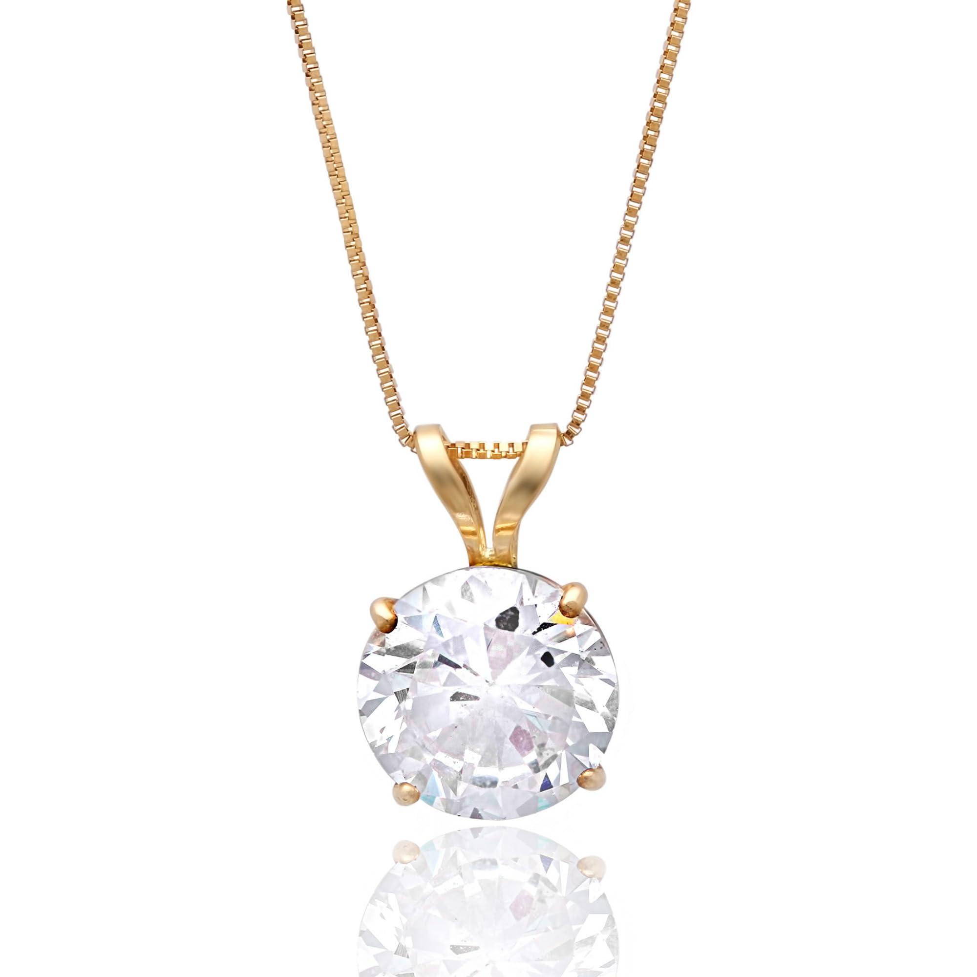 MAX + STONE 14k Gold 8mm Round Solitaire Cubic Zirconia Pendant Necklace for Women with 18 Inch Box Chain