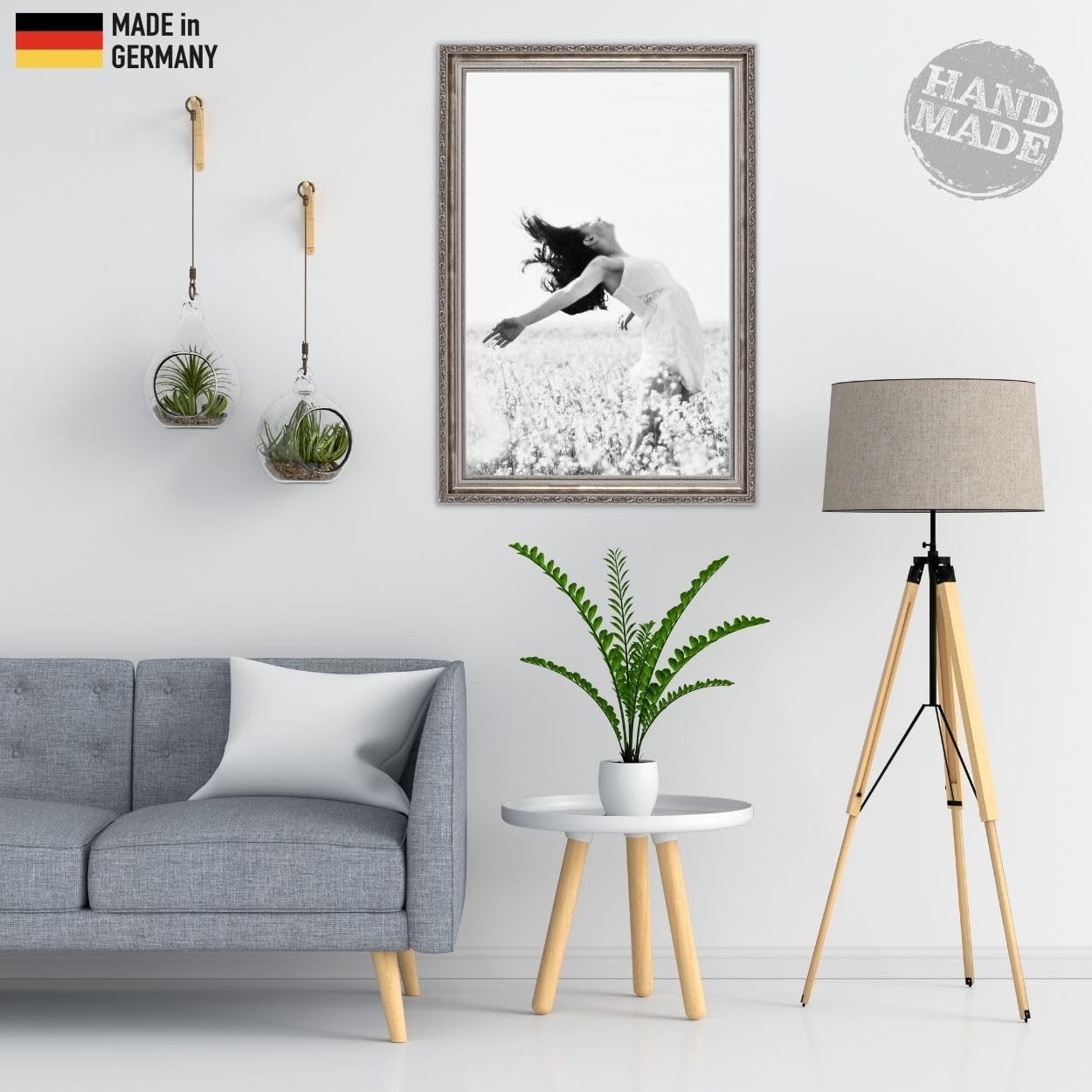 N°58 Barock Bilderrahmen 40x50 cm Bildmaß, Grau Silber | breite Echtholz-Profilleiste, Acrylglas glasklar & bruchsicher, Vintage-Stil, HDF-Rückwand, Metallaufhänger, handgefertigt