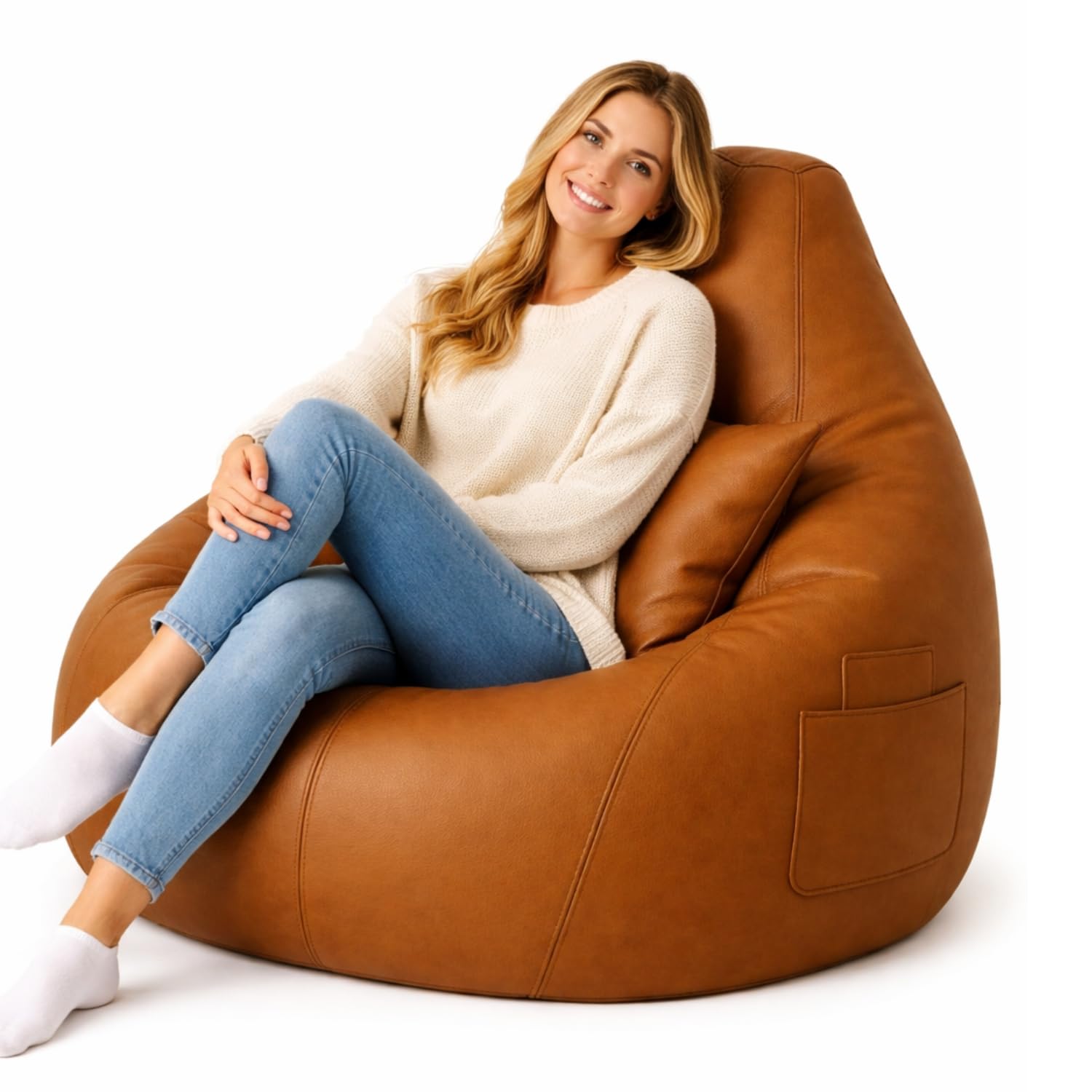 Bean Bag Chair for Adults & Kids with Side Pocket – Soft Cover, Versatile for Living Room, Bedroom, Gaming & Relaxation | Cover Only (Free Pillow, No Beans) (Tan, XL)-picture-17
