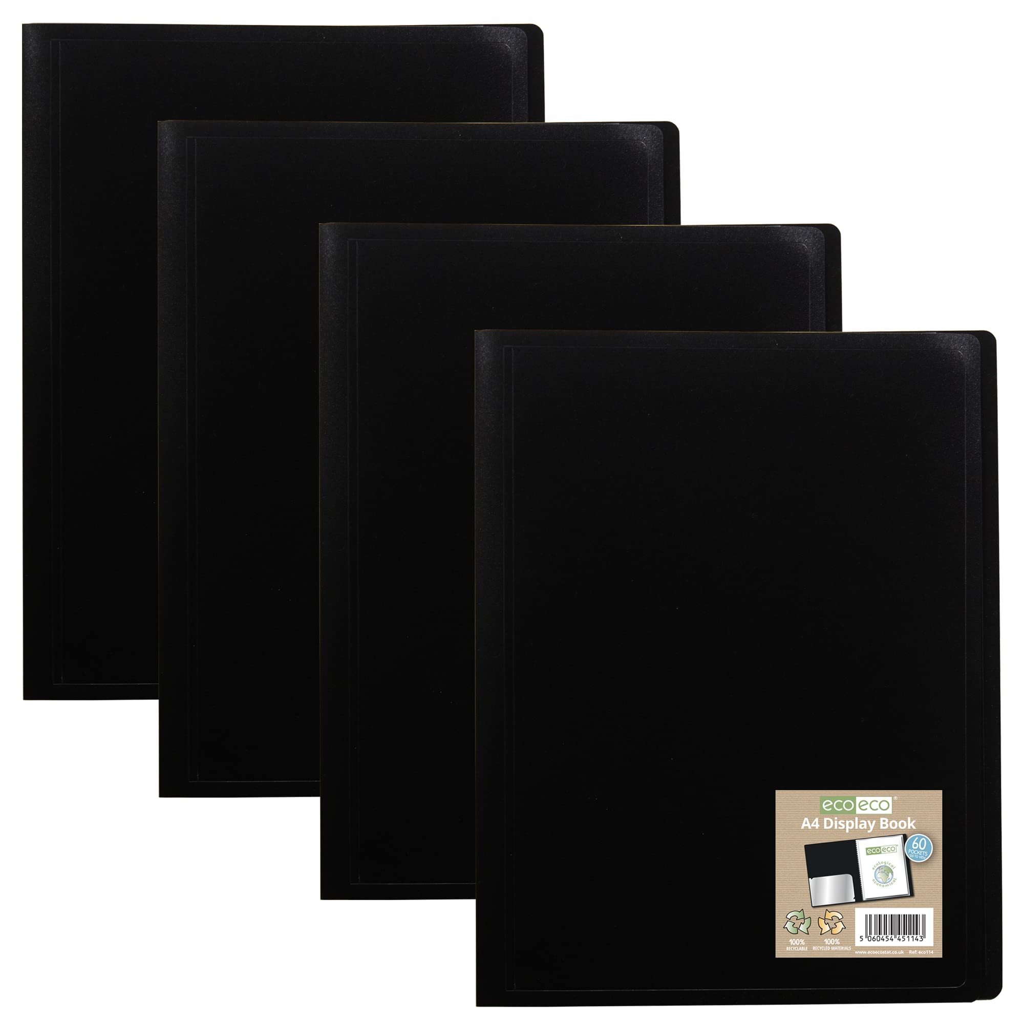 eco-eco A4 100% Recycled 60 Pocket Black Flexible Cover Portfolio Book Folder Display Book, Pack of 4, eco114x4