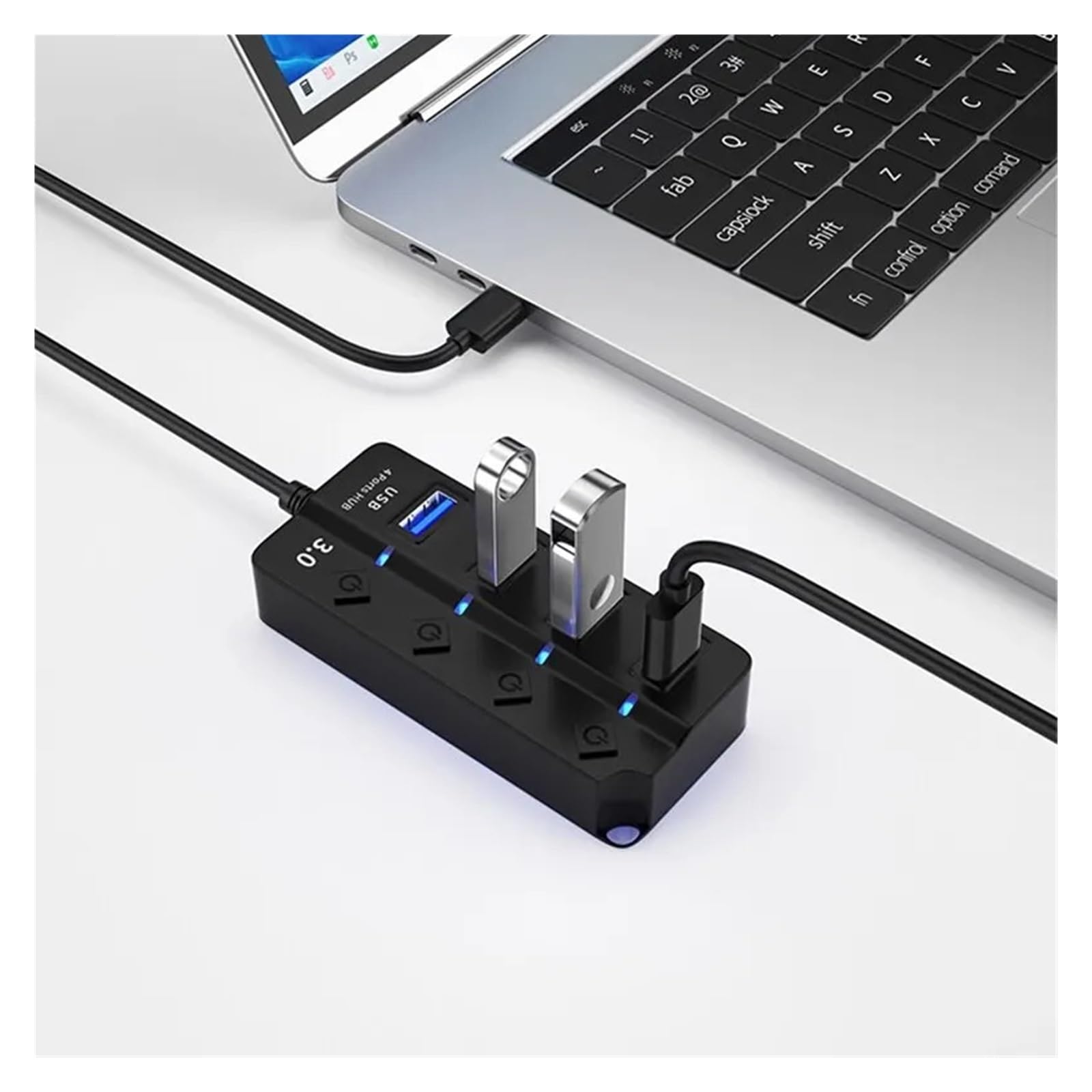 Rozdzielacz USB 3.0 2. Adapter 4 W 1 Wieloportowy Niezależny Przedłużacz Do Wyłącznika Zasilania Kabel 30 Cm Technologia Szybkiego Bezpiecznego ładowania