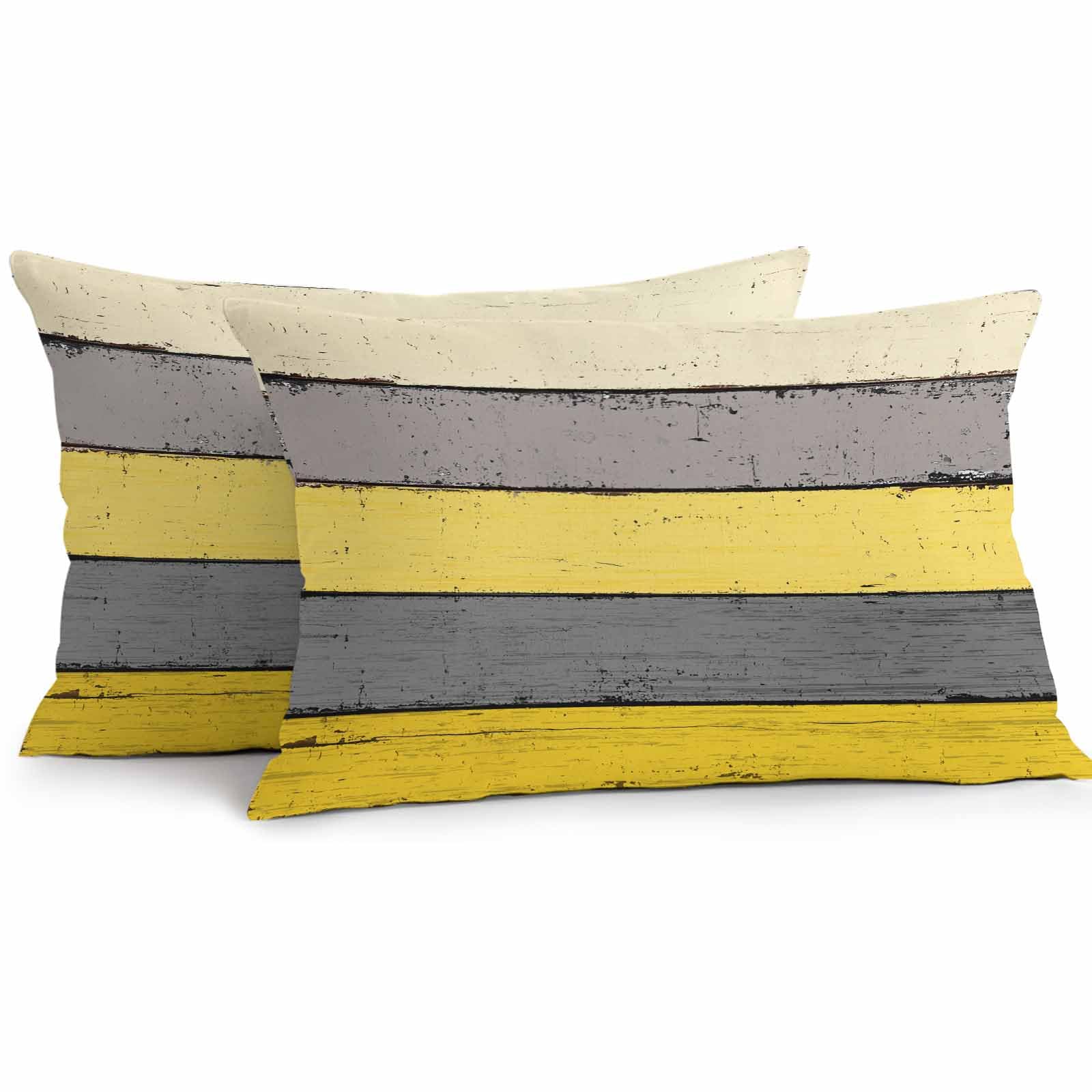 Yellow Wooden Waterproof Outdoor Throw Pillow Covers 12''x20'' Pack 2, Pillow Cases Throw Cushion Cover with Zipper, Grey Stripe Gradient Country