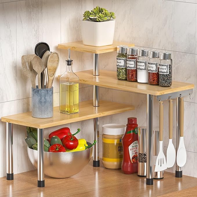 Abja Kitchen Counter Top Organizer, Shelf Rack for Kitchen Storage, Wooden Corner Shelf, 3 Tier Spice, Oil Stand, Tabletop Adjustable Rack for Makeup, Office (Golden Brown, 3 Tier)