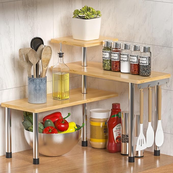 Abja Novelties Kitchen Counter Top Organizer, Shelf Rack for Kitchen Storage, Wooden Corner Shelf, 3 Tier Spice, Oil Stand, Tabletop Adjustable Rack for Makeup, Office (Golden Brown, 3 Tier)