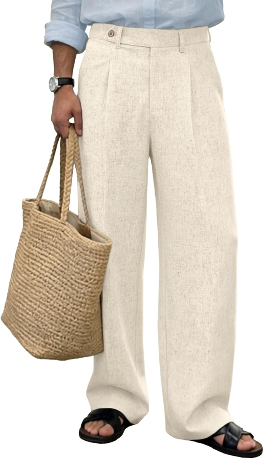 Susclude Mens Linen Casual Dress Pants Baggy Pleated Old Money Wide Leg Slacks Relaxed Fit Lightweight Work Trousers