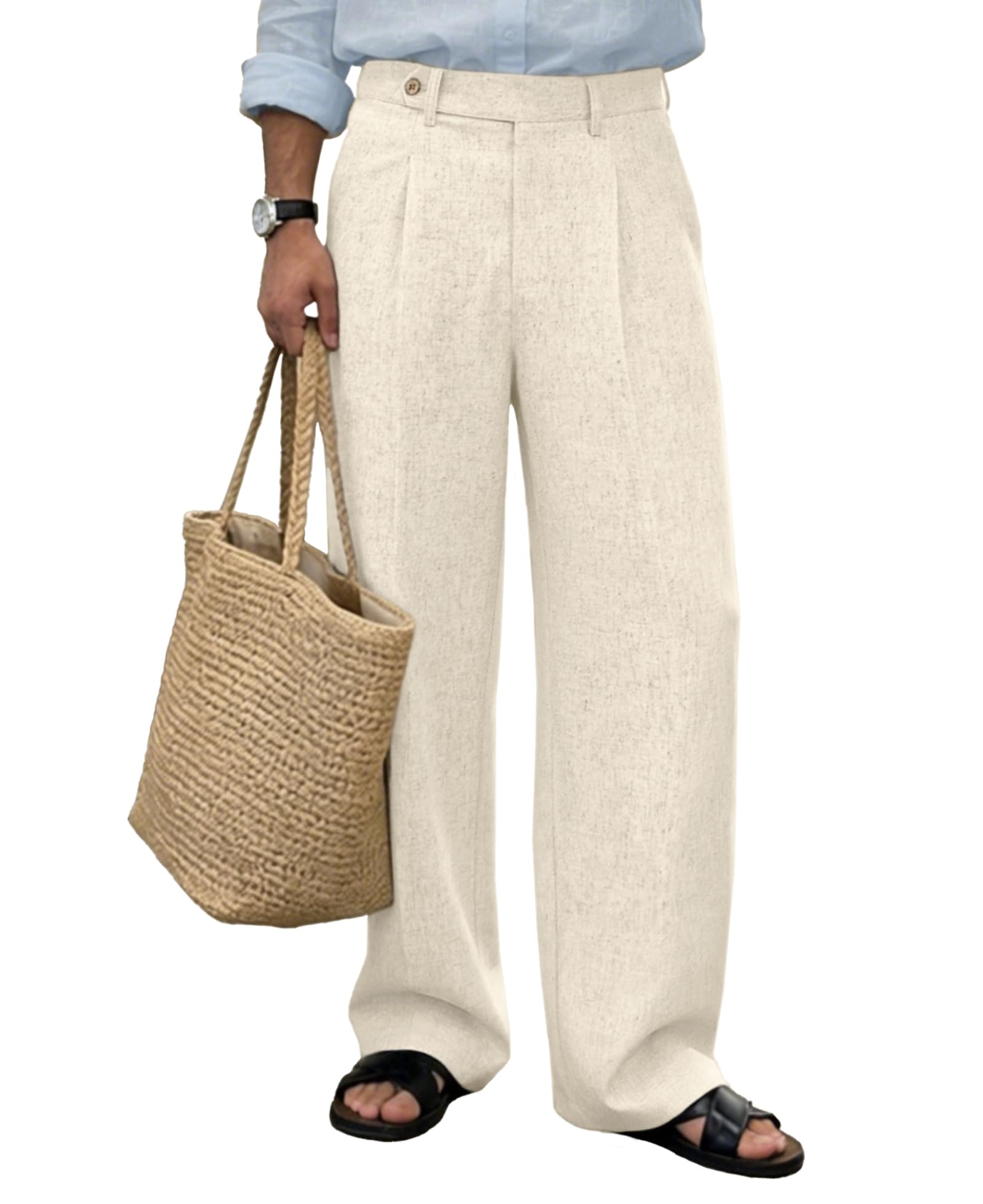 Mens Linen Casual Dress Pants Baggy Pleated Old Money Wide Leg Slacks Relaxed Fit Lightweight Work Trousers