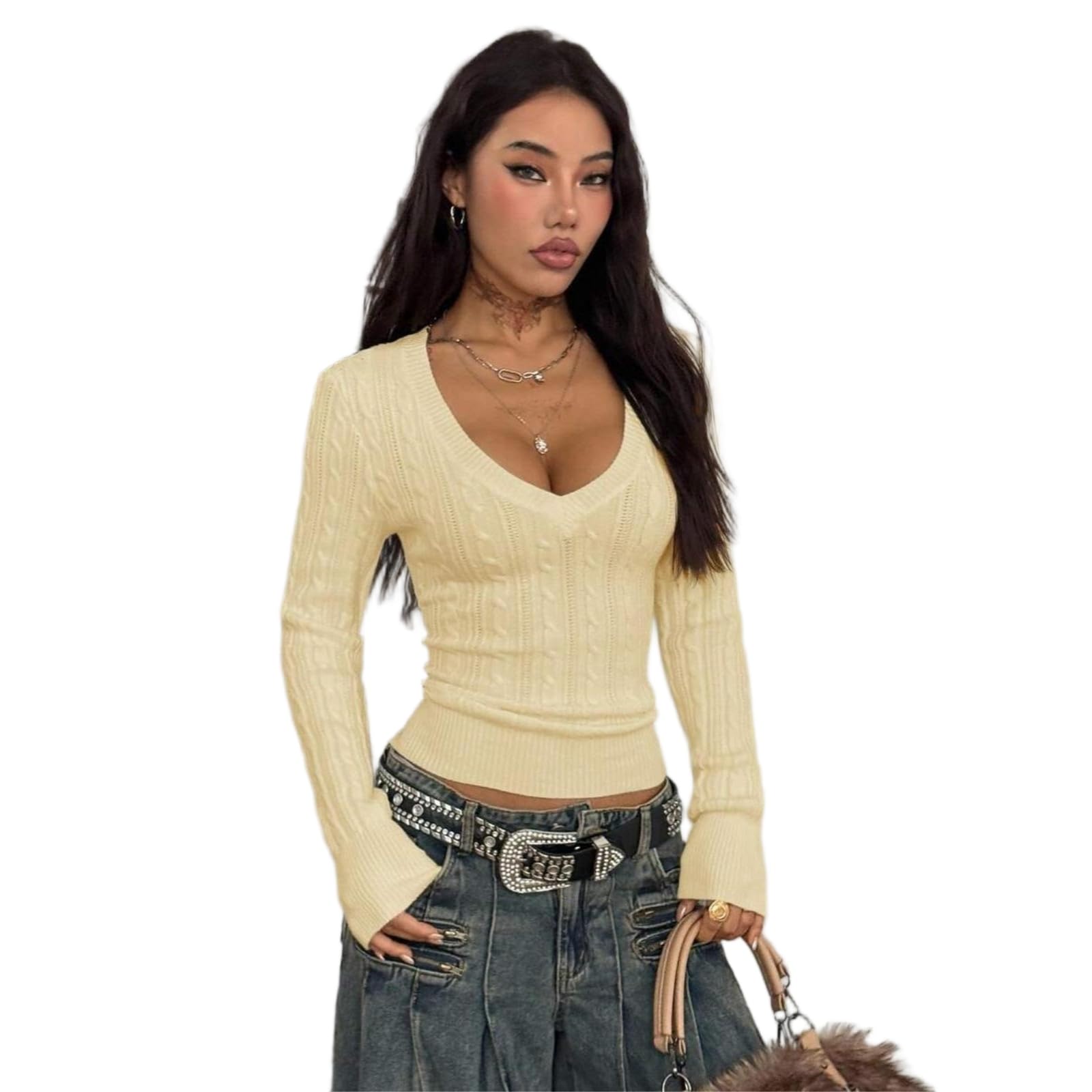 HJDMO - Maglione da donna con scollo a V, a maniche lunghe, vestibilità