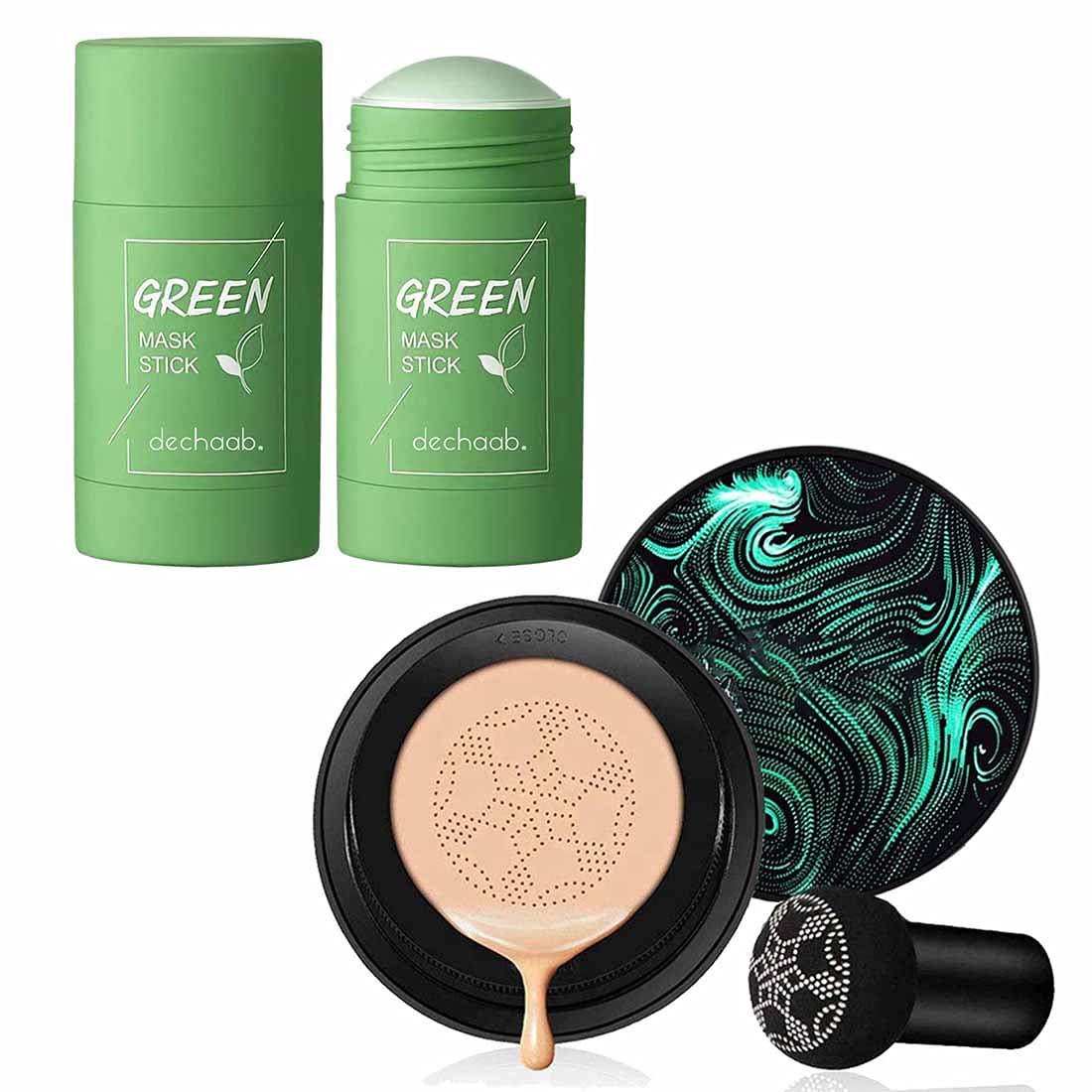 Adbeni 3 in 1 Air Mushroom head air cushion cc cream Moisturizing Foundation (20g) and Green Tea Purifying Clay Stick Mask Oil Control Anti-Acne Eggplant Solid Fine. Detoxing & Toning Face Mask Stick (50g)