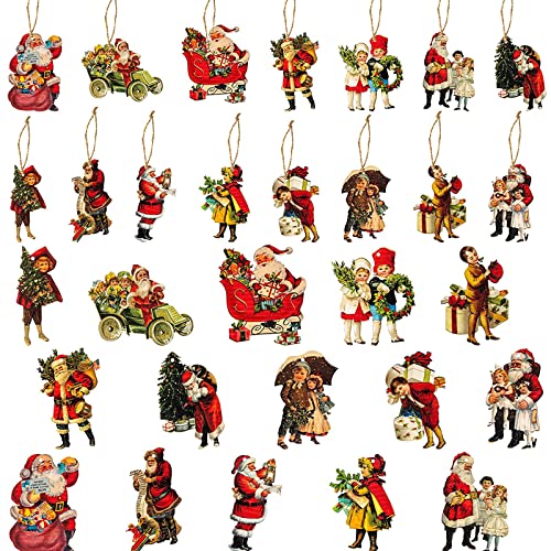 46 Pcs Christmas Victorian Style Wood Ornaments Decorations, Vintage Santa Claus Kids Wood Hanging Signs Pendant for Home Door Windows Xmas Party Decoration