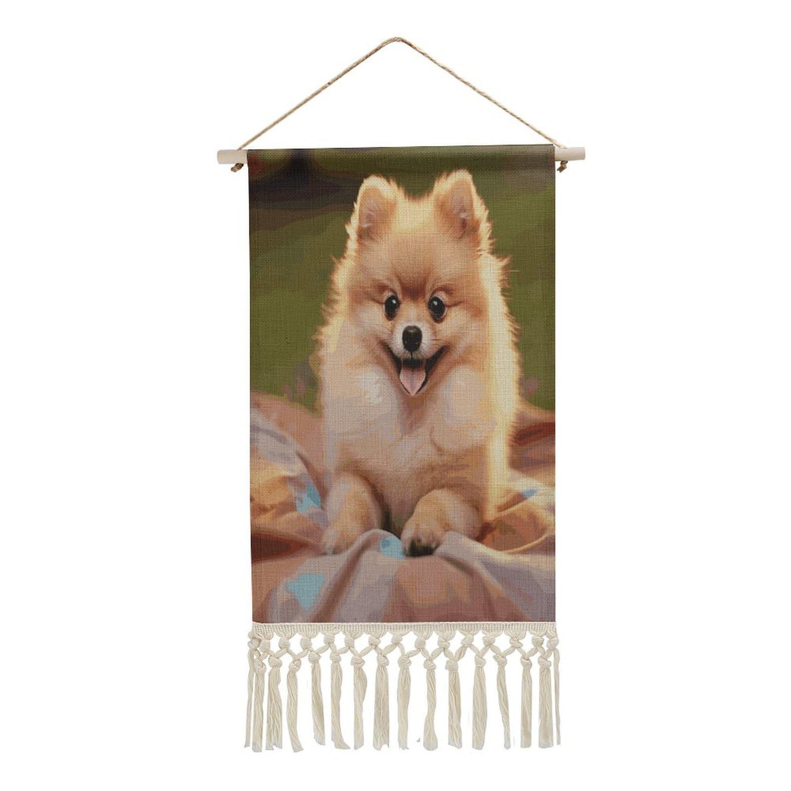 FekiLoot Short-haired Pomeranian Wall Art Print Decor Art Tapestry with Tassel Cotton Linen Hanging Poster Vintage Aesthetic Wall Art Poster Rustic Wall Art Decor for Home Bedroom Living Room Office
