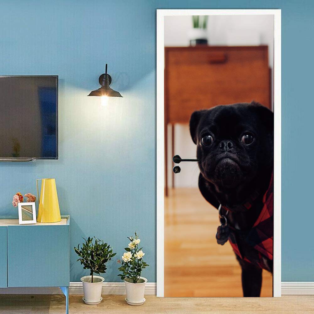 Sticker de porte trompe l'oeil chiot noir papier peint autocollant