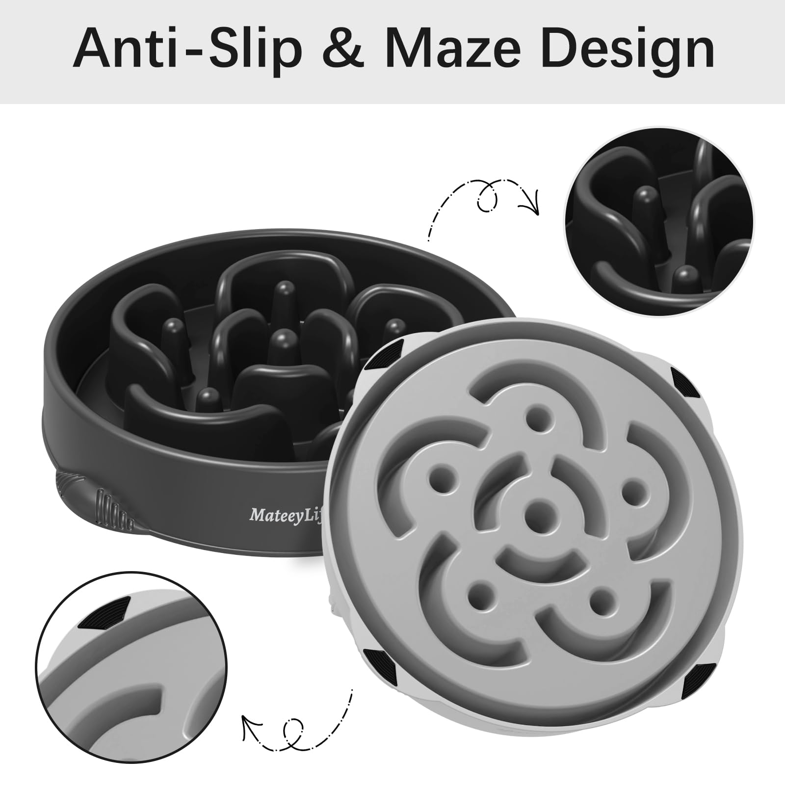 MateeyLife Large Slow Feeder Dog Bowls 2PCS, Anti-Choking Puzzle Dog Food Bowls, Anti-Slip Interactive Feeding Slow Down Eating, Bloat Stop Maze Dishes for Large Breeds 4 Cups Gray&Black - image 4