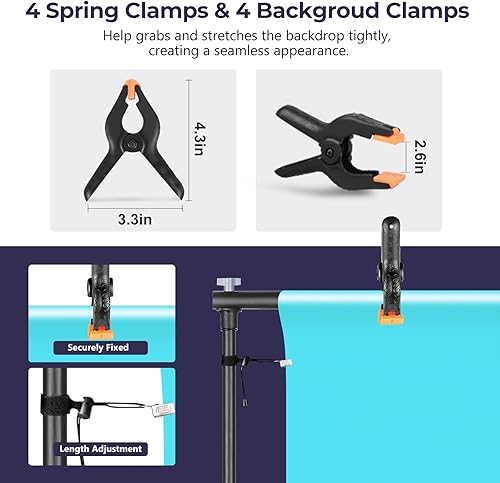 Miniatura 4 de Aureday Soporte de telón de fondo, kit de soporte de fondo ajustable de 10 x 7 pies con 4 barras transversales, 6 abrazaderas de fondo, 2 bolsas de
