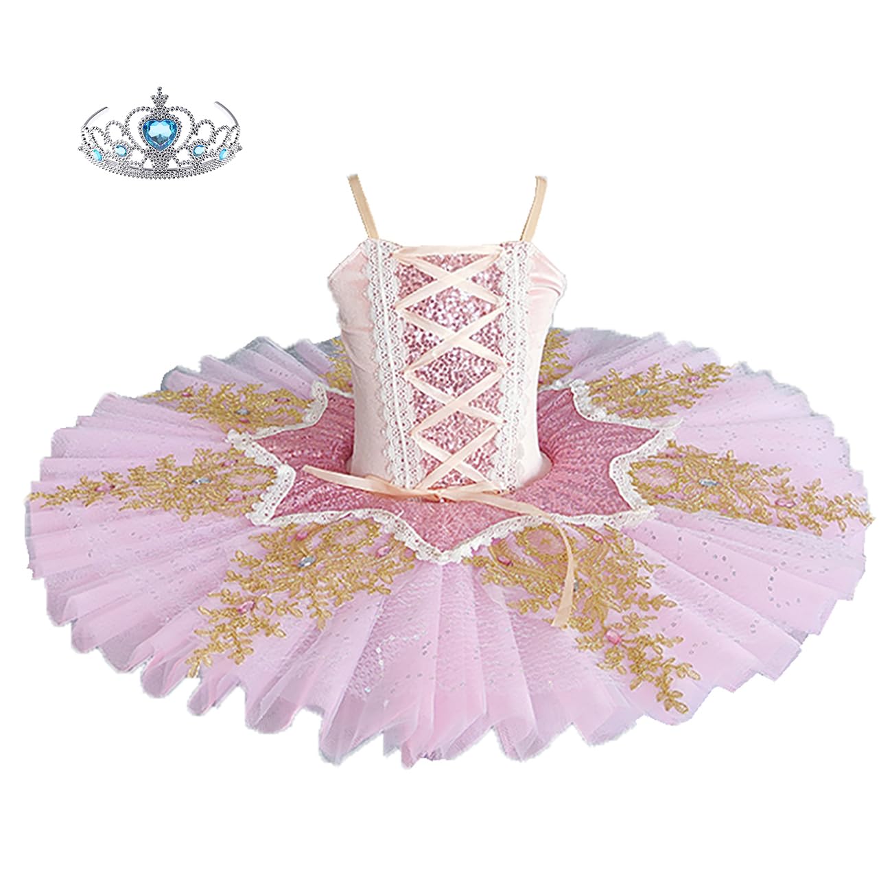 Kinder Mädchen Rosa Pfannkuchen-Tutu-Ballettkleid, Goldstickerei Glitzer Pailletten Ballettkleidung für Tanzaufführungen