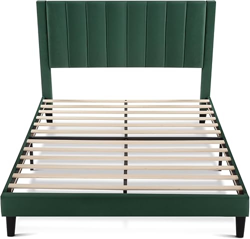 Miniatura 66 de HOOMIC Base de cama de plataforma de tamaño matrimonial con cabecera de canal vertical tapizada de terciopelo de felpa, no necesita somier, fácil