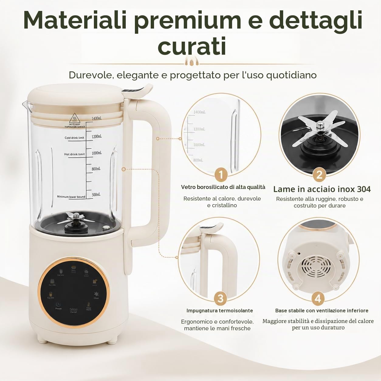 Macchina per latte di soia 1,4 l Macchina per il latte vegetale automatica con schermo tattile a LED e maniglia, base stabile, per acqua bollente, succo, latte d'avena, latte di noci, latte di soia