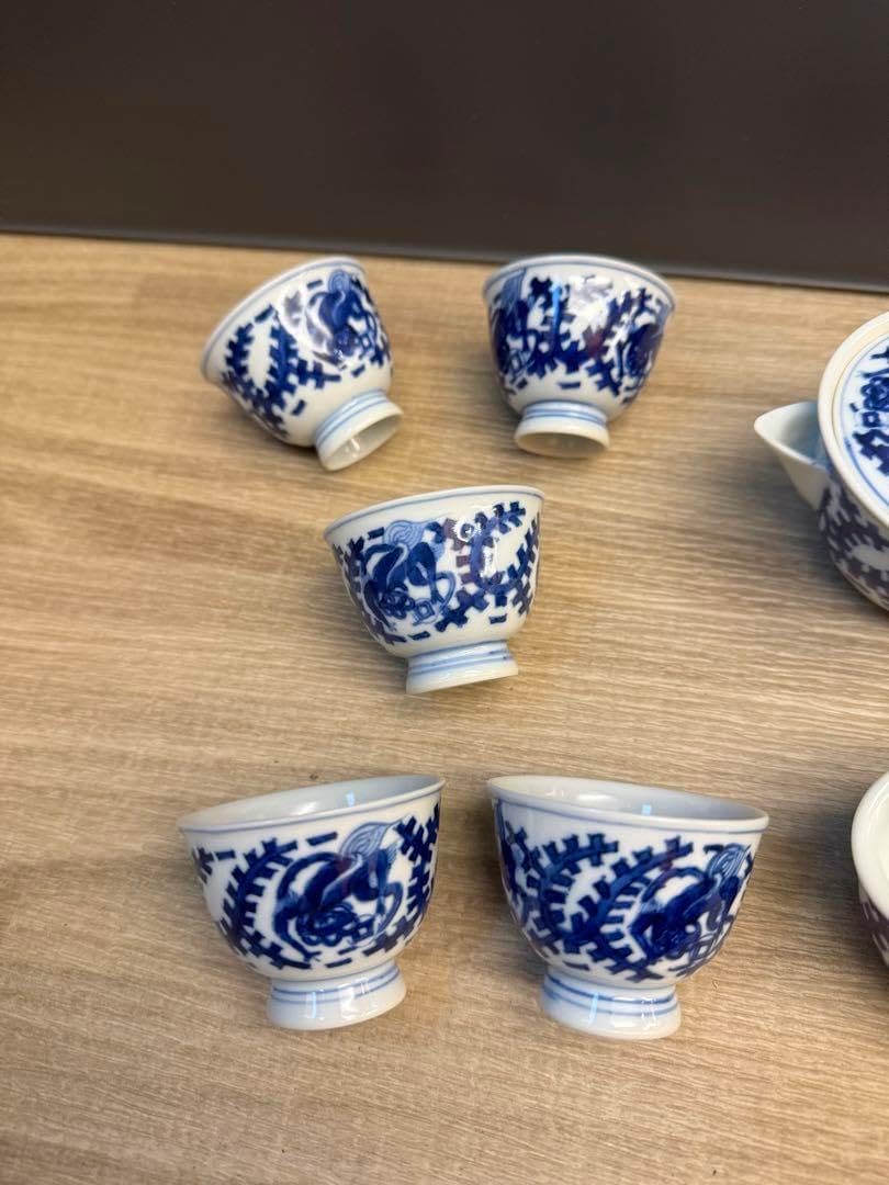 2334 平安草仙　染付青花　茶器セット　宝瓶1客　湯冷し1客　湯呑5客　鉢付き 2334 平安草仙 染付青花 茶器セット 宝瓶1客 湯冷し