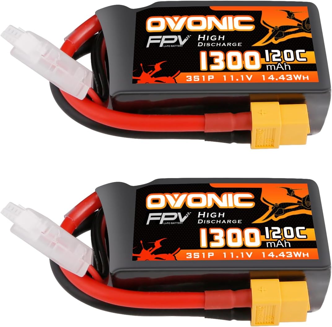 OVONIC Lipo Battery 11.1V 120C 1300mAh 3S RC Battery with XT60 Plug for FPV Racing Drone Quadcopter Helicopter Airplane RC Boat RC Car RC Models(2 Pack)