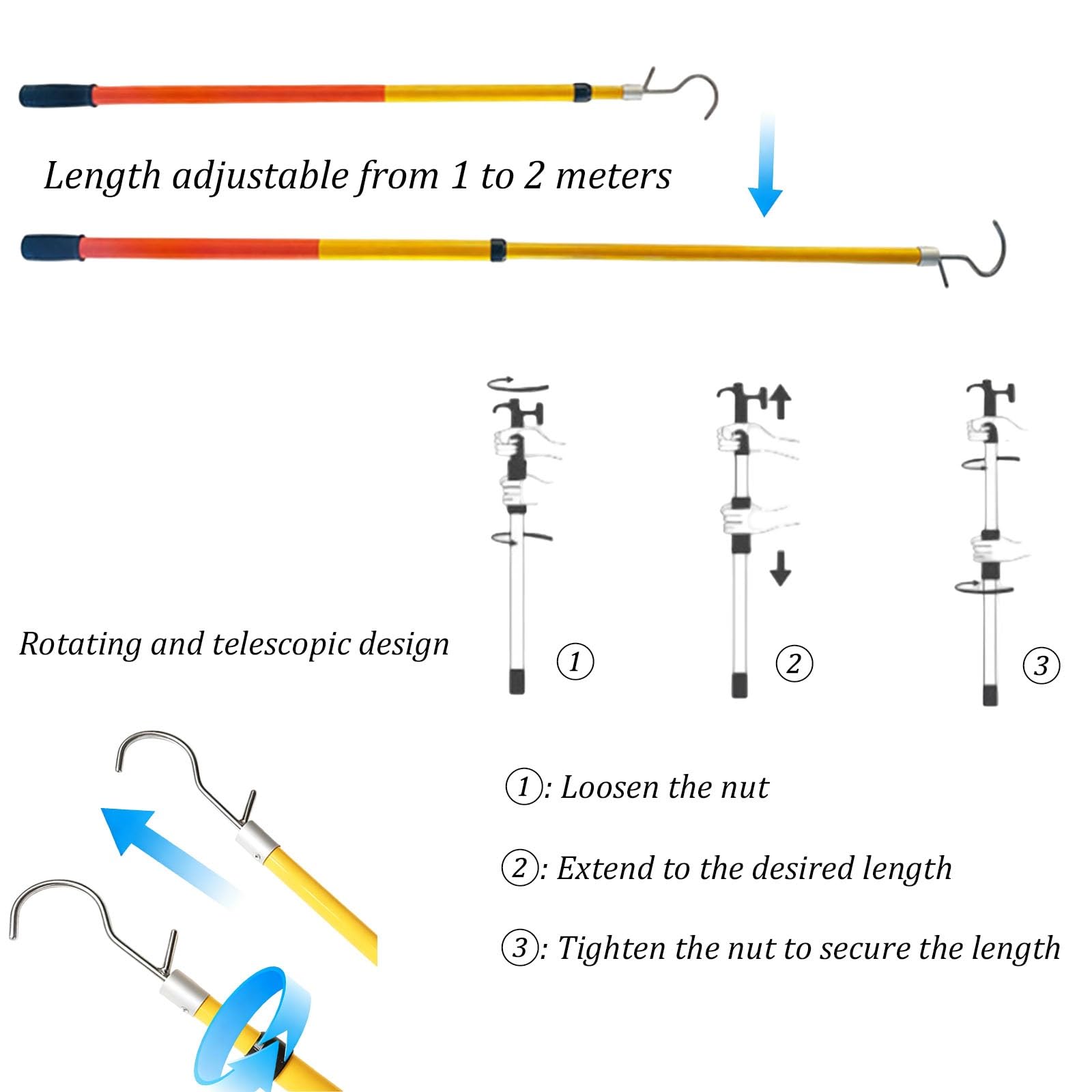 Mezzo Marinaio telescopico da 78 Pollici (Circa 2 Metri), Leggero e in vetroresina (FRP); Asta Nautica Retrattile per attracco, Pesca e Kayak
