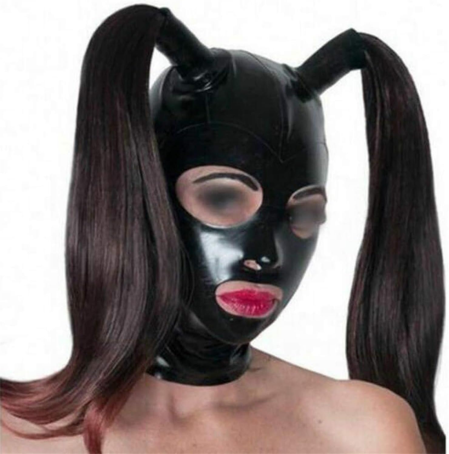 Latex Head Cover with wig,Black Latex Face Hood Rubber HeadMask Latex Party Decorate Mask for Cosplay Club Wear