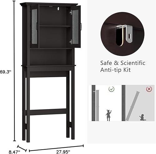 Miniatura 2 de MXARLTR Armario de almacenamiento sobre el inodoro, almacenamiento sobre el inodoro con puertas de vidrio templado, armario de almacenamiento de