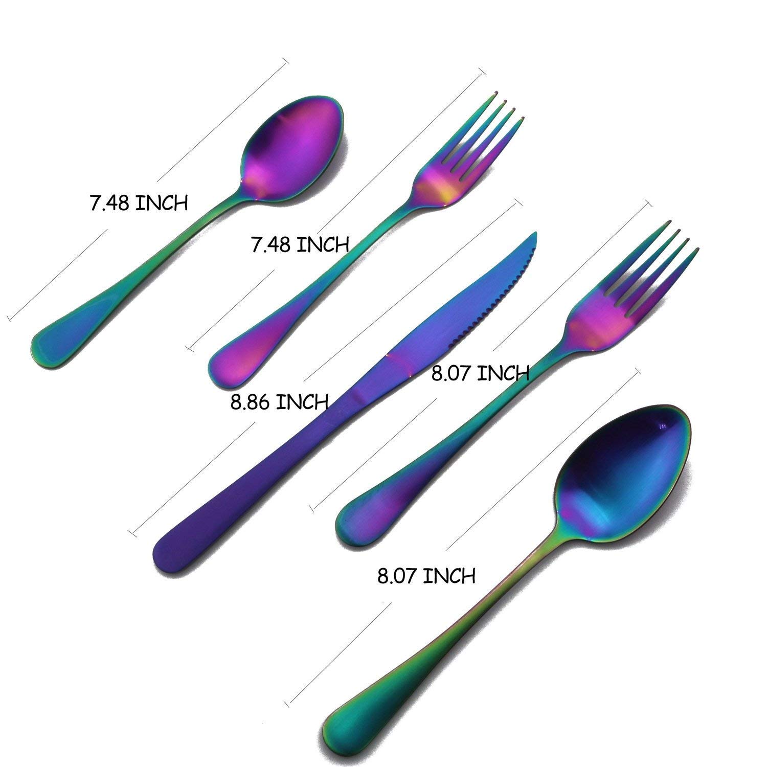 PUZHLER 20-Pieces Flatware Set, Rainbow Colorful 18/0 Stainless Steel,Include Steak Knife/Fork/Spoon,Silverware Utensils Set Dishwasher Safe Service for 4(Matte Rainbow)