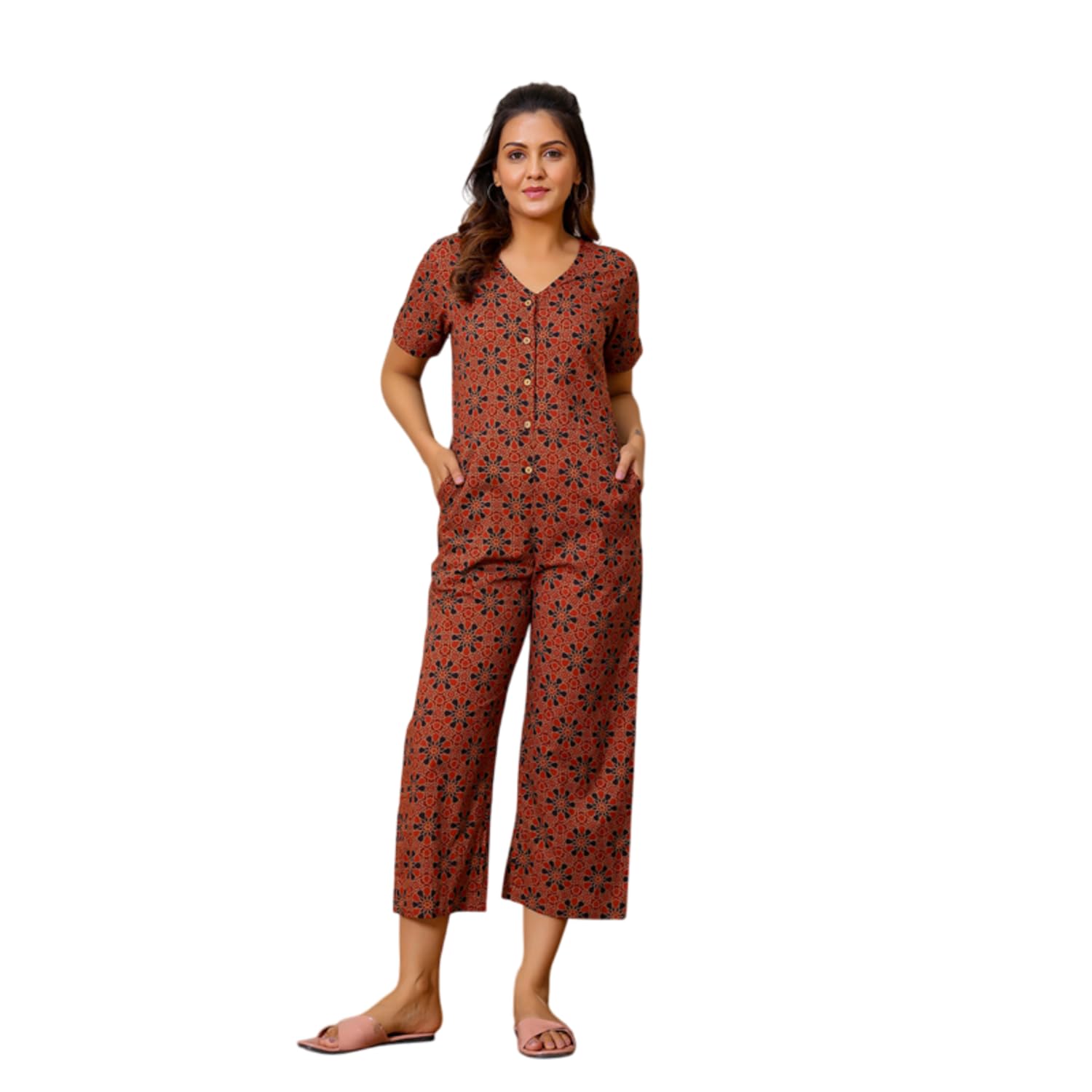 Cotton Jumpsuit for Women & Girls,Ajrakh Print Stylish Western Dangri Dress, Casual V Neck And Short Sleeve Dress for Party, Travel, Office & Jump Suit With Pockets-image-43