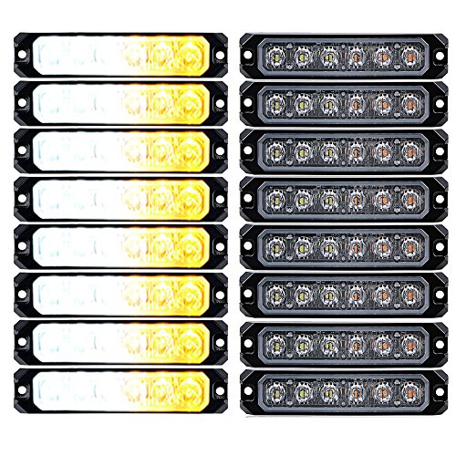 Astra Depot 16pcs AMBER&WHITE 30W 6-LED IP68 Emergency Warning Hazard Surface Mount Synchronous Flashing Strobe Light Car Truck 12V-24V