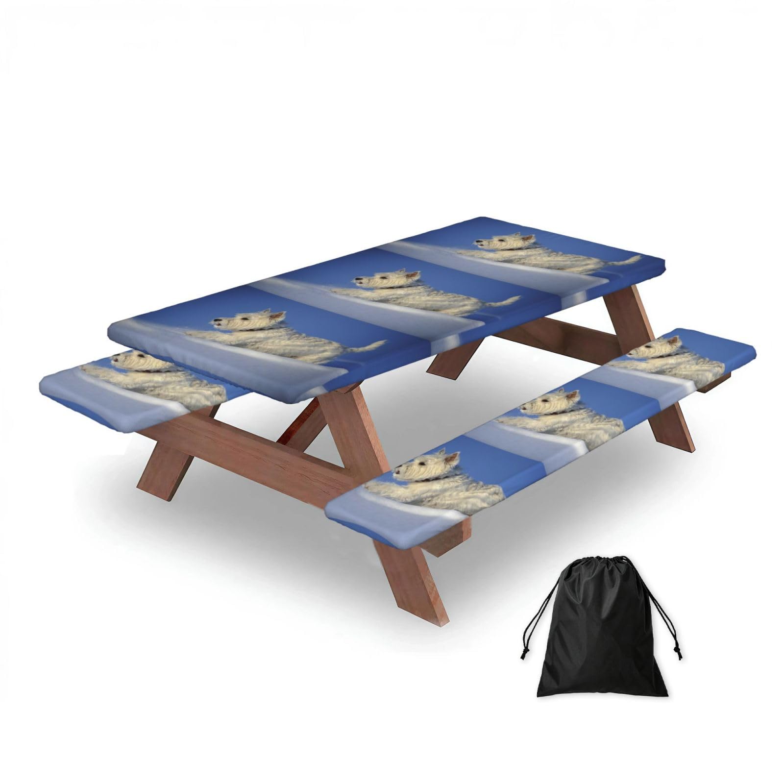 Dopklna As Picture Westie Winter West Highland White Terrier Dogs, Picnic Table Cover With Bench Covers -Waterproof Elastic Fitted Tablecloth For Garden Camping Patio 76X152cm