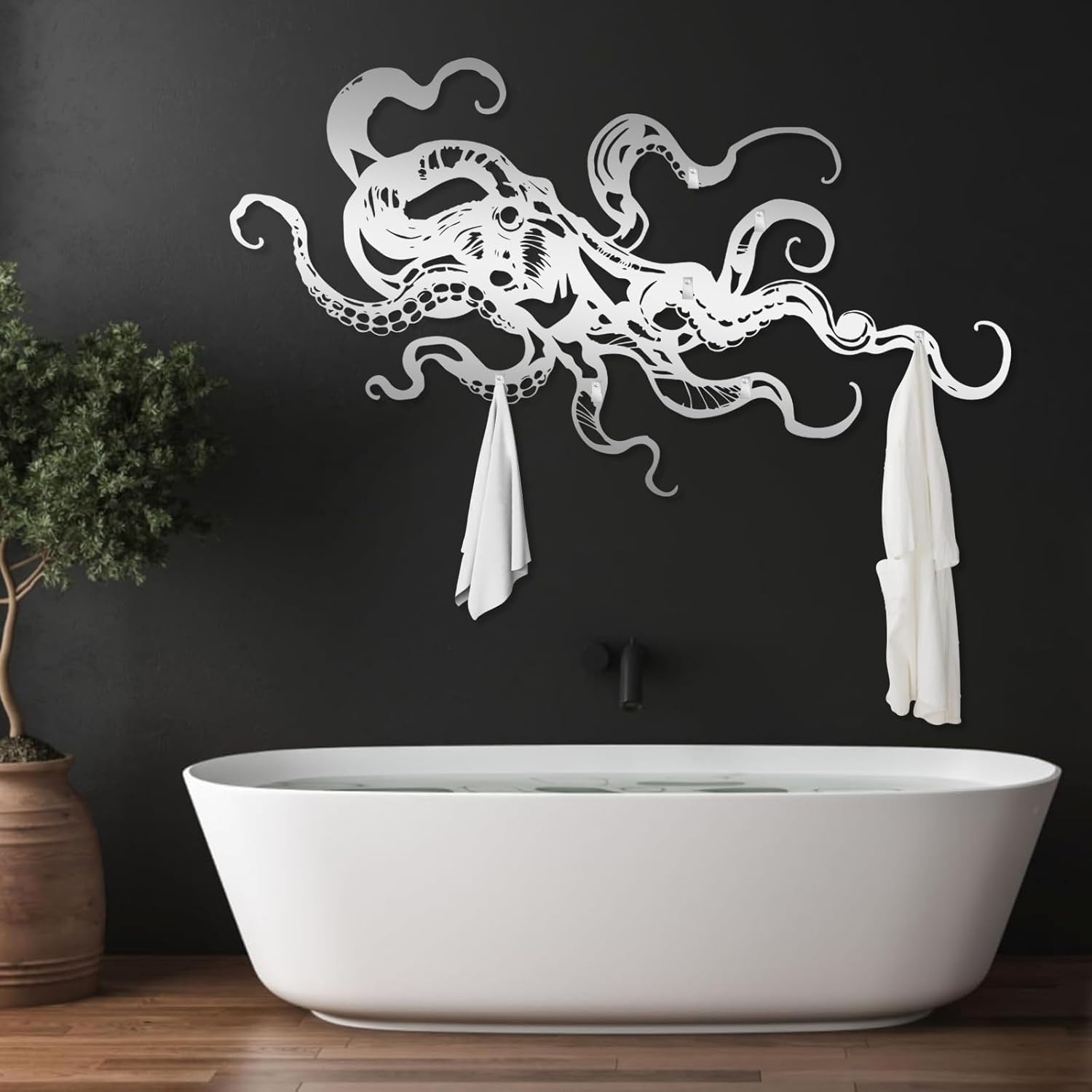 Octopus Coat Rack Wall Mount, Octopus Metal Wall Coat Rack, Ocean Monster Key Holder Wall Mounted, Kraken Hooks for Wall, Towel Hanger Rack Decor for Bathroom (Black, 17"x30"|43x76cm)