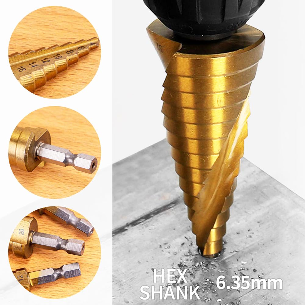 1/4" Esagono Codolo 4-32mm Titanio Rivestito Spirale Scanalata HSS Trapano per Plastica, Legno, Metallo Multi-Foro Conico