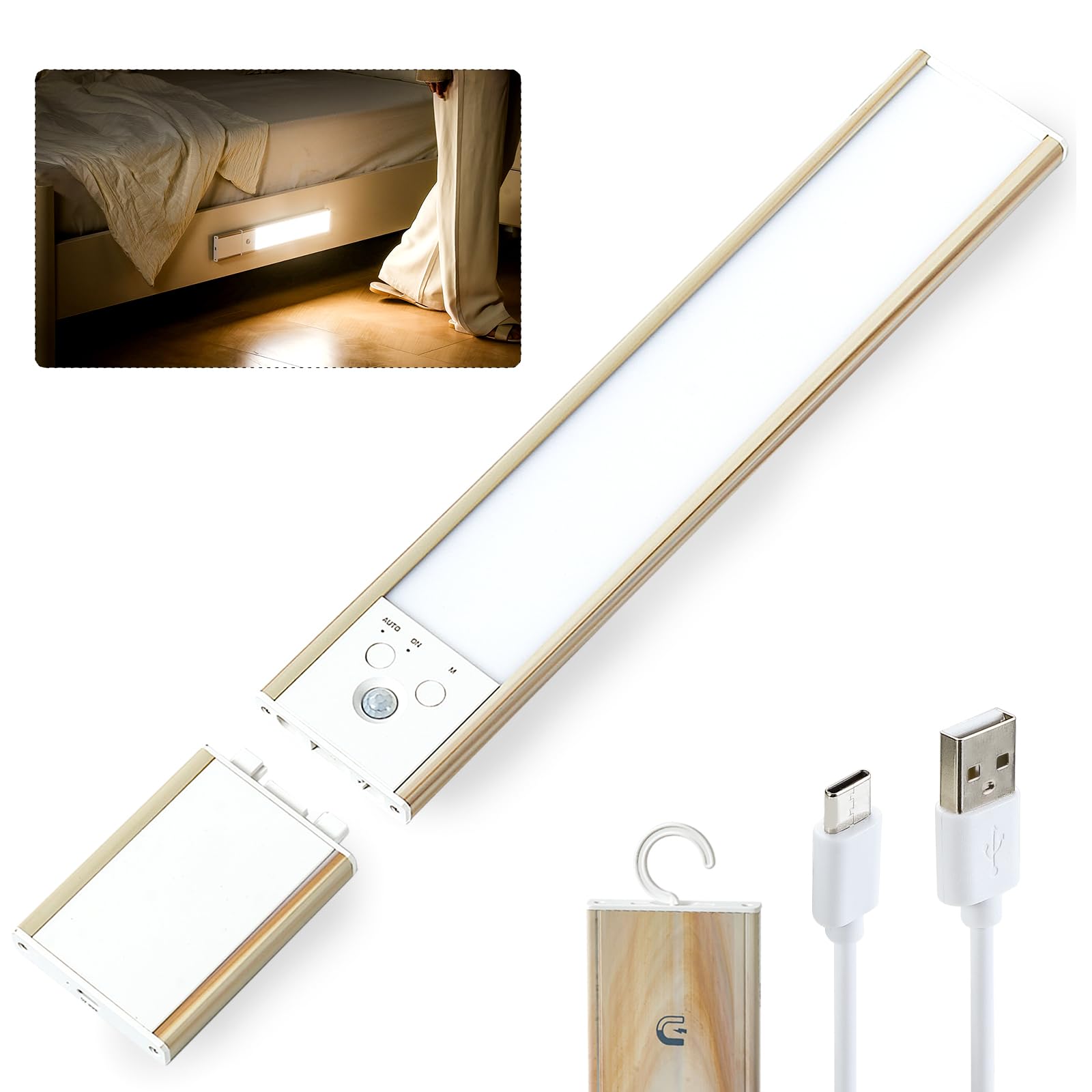 Adiding Under Cabinet Lighting, 64 LEDs Rechargeable Battery Operated Lights, Motion Sensor Magnetic Night Light with 3 Color Temperature, Hidden Hook Wireless for Closet, Wall Mount (1)