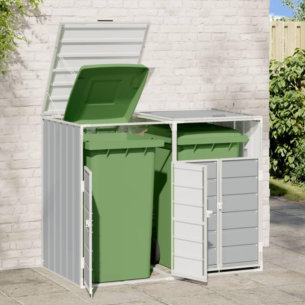 vidaXL Copribidone con Ruote per 2 Bidoni Grigio 144x81x113 cm Acciaio, copribidone singolo con ruote, copribidone da giardino, copertura per cassonetti