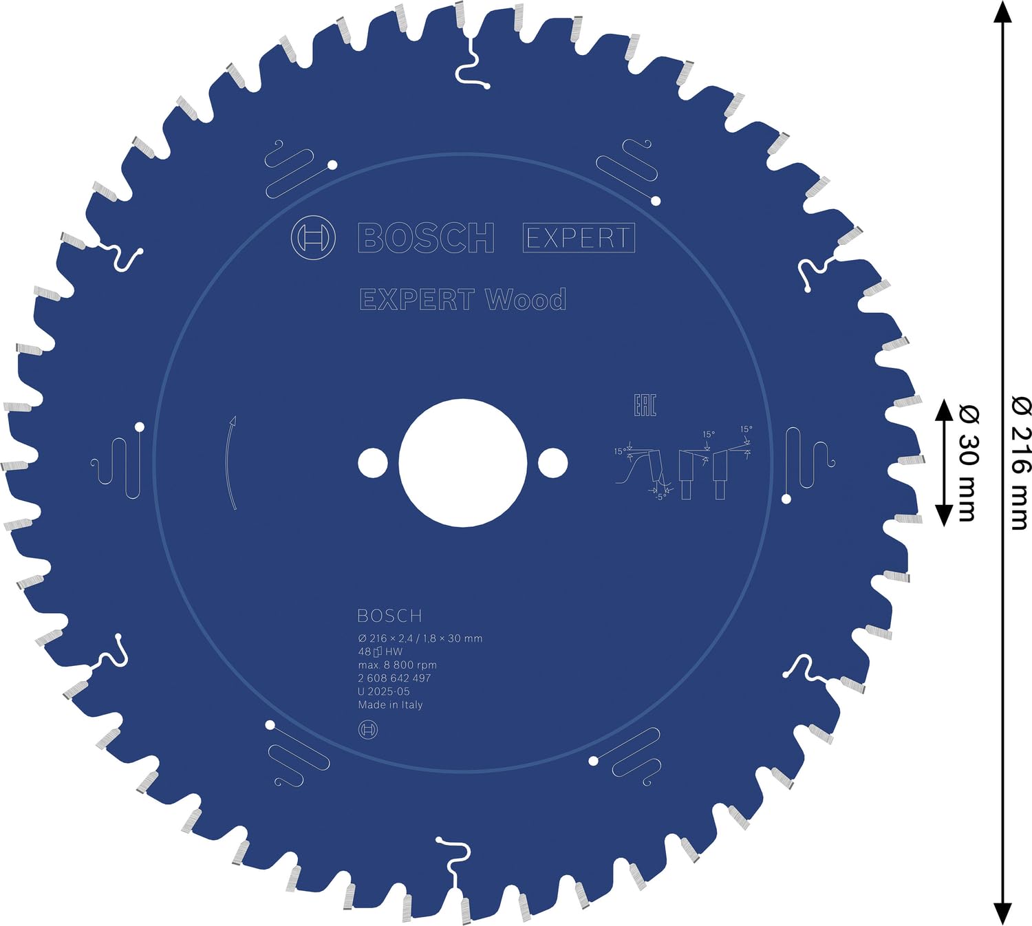 Bosch Professional 1x Lama per Sega Circolare Expert for Wood (per Legno, Ø 216 x 2.4/1.8 x 30 mm, 48 Denti, Accessorio Sega Circolare)