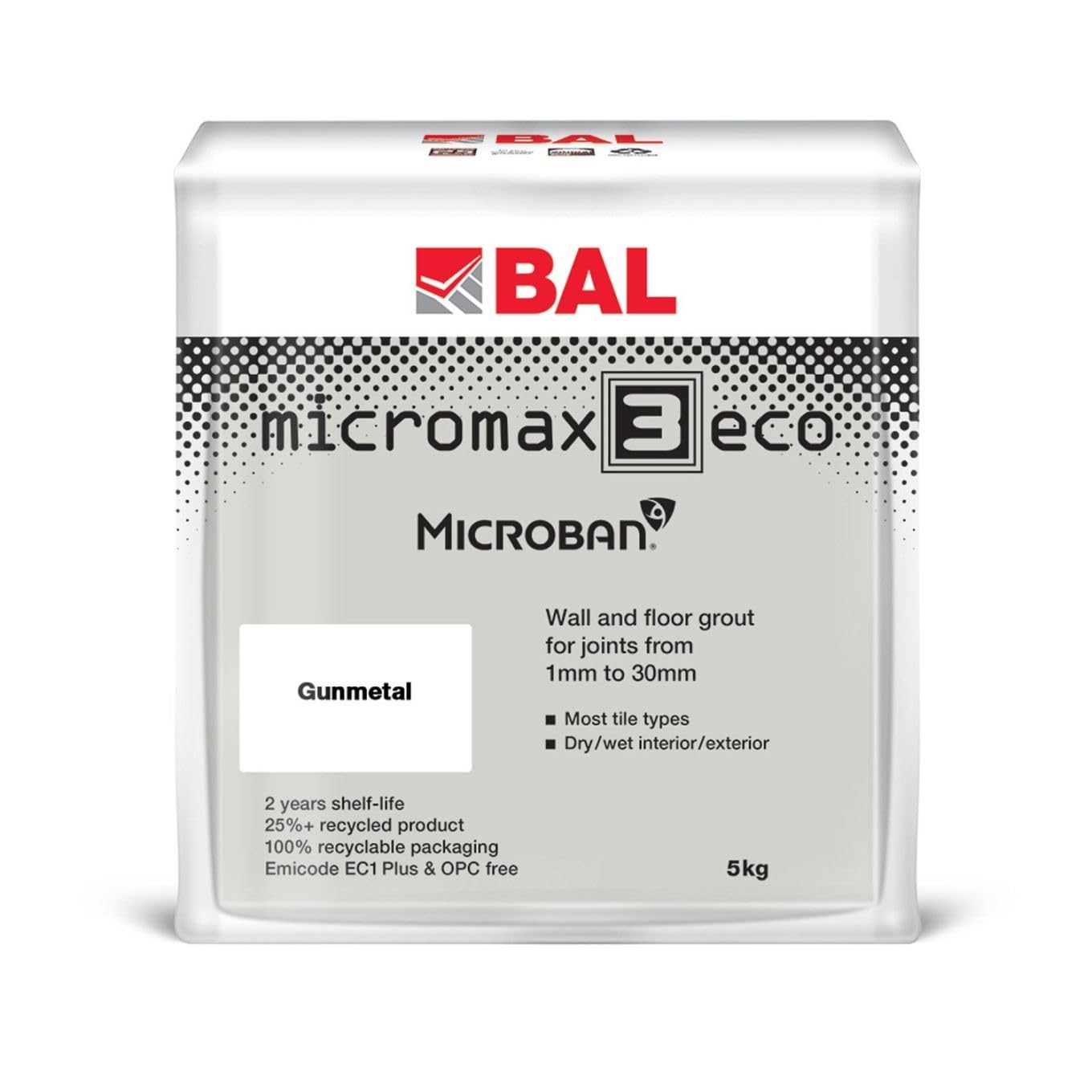 Bal Micromax3 Eco Grout Wall & Floor Grout, Rapid Set, Antimicrobial, Suitable For Interior & Exterior 5KG Bag - Gunmetal