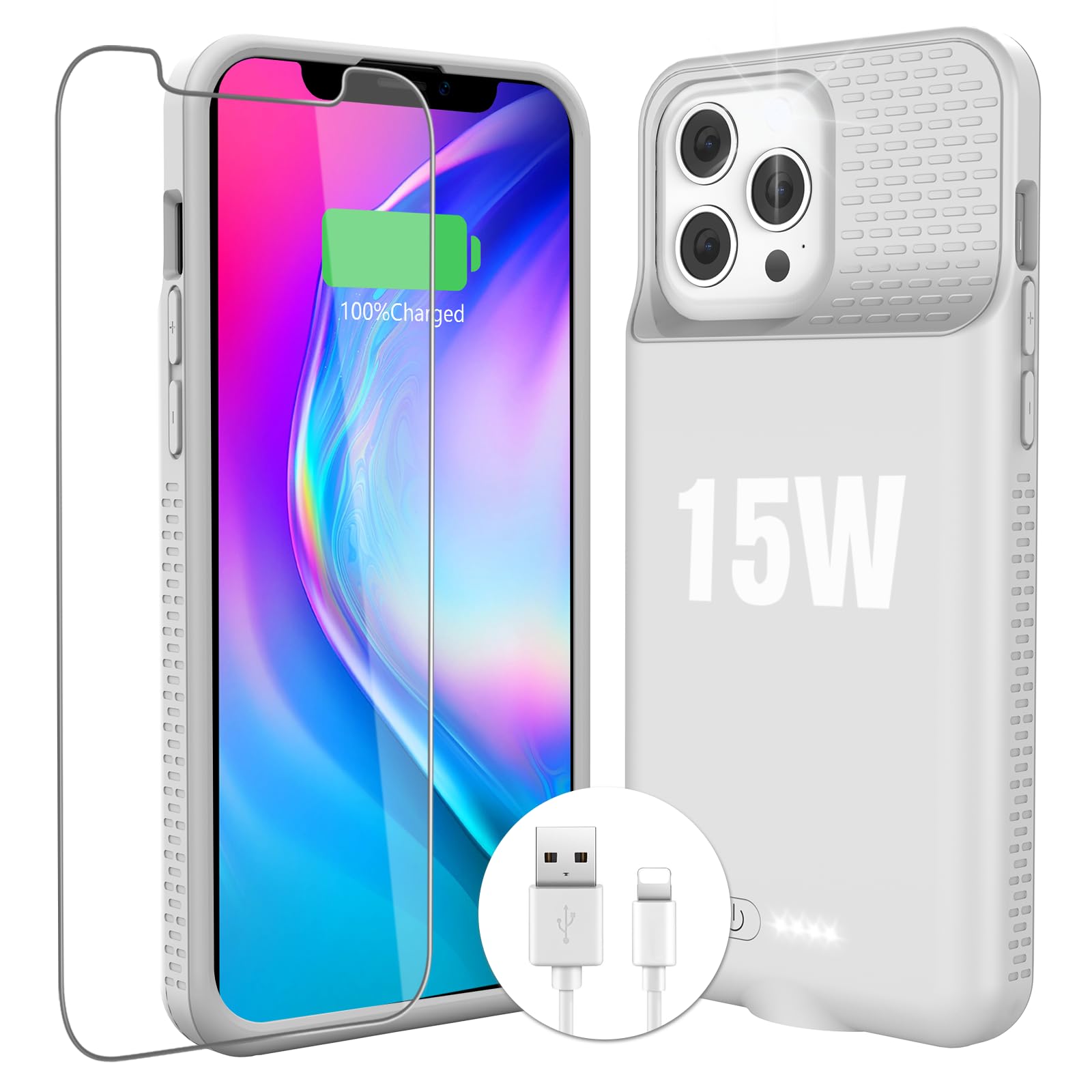 KKD Charging Case for iPhone 12 Pro Max,15W Fast Charging Real 8000mAh Smart Battery Charger Case with TPU Anti-Slip Design and Anti-Abrasion Flocking for iPhone 12 Pro Max Gray