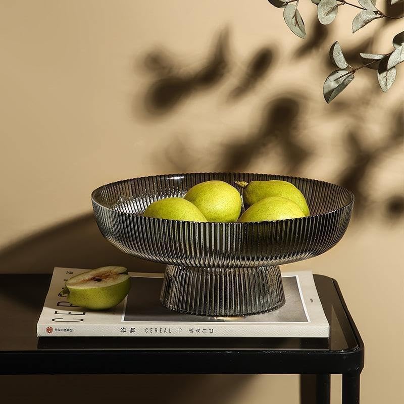 Image of Modern Ribbed Glass Fruit Bowl with Pedestal Stand 10 Inch Set of 1, Luxury Fluted Glassware Pedestal Bowl for Fruit, Salads, Decor (Black Color)
