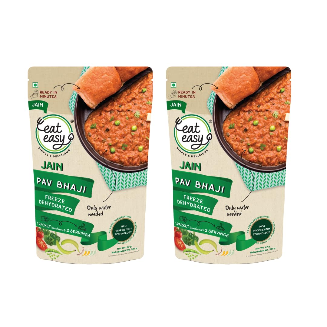 Eat Easy Ready To Eat Jain Pav Bhaji, 65gm (Pack of 2) | Just Add Water and Cook | No Onion No Garlic, Vegetarian Healthy Instant Food for Travel, Trekking, Campign | No Preservatives | No Added Artificial Colours & Flavours