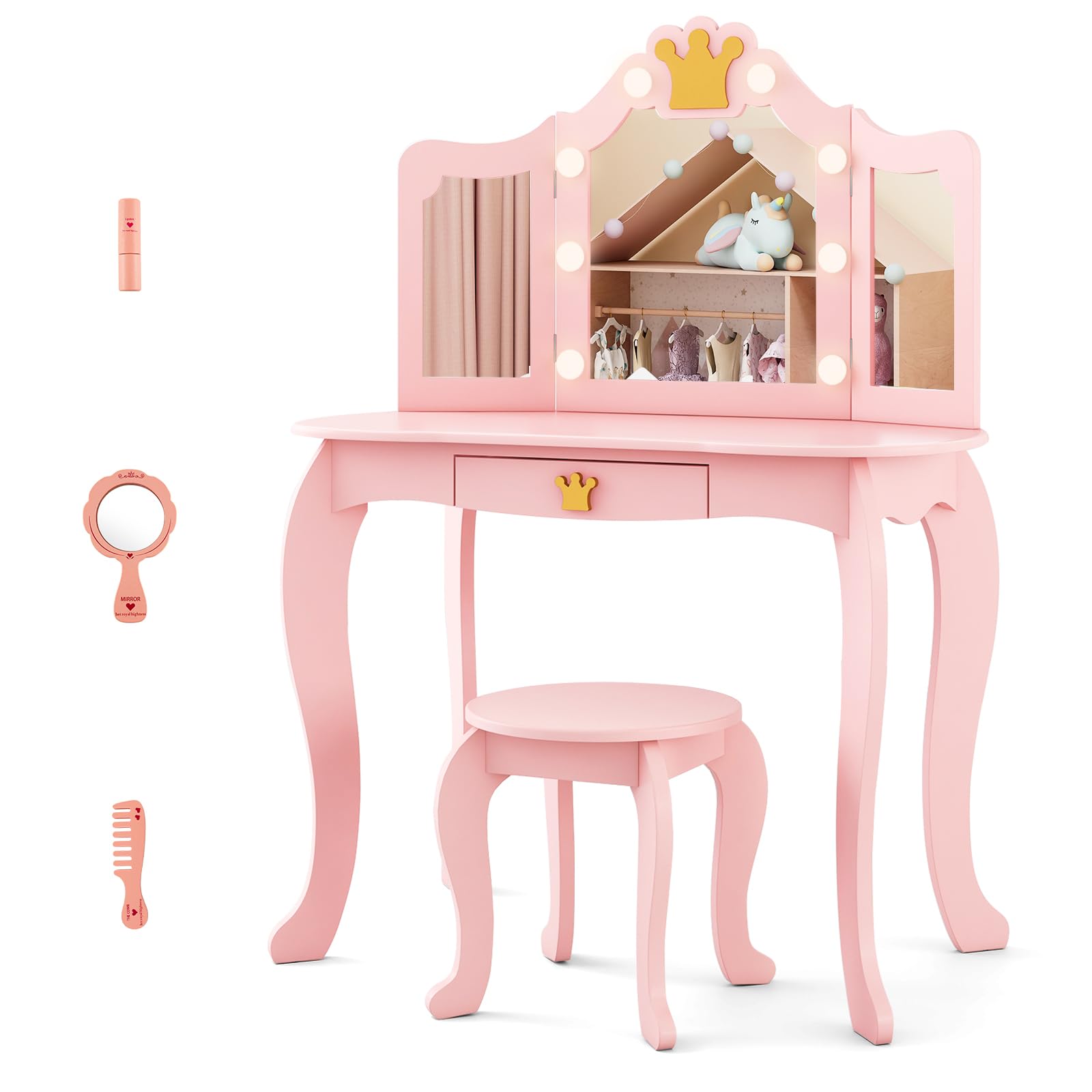 GYMAX Set Vanity Toeletta per Bambini, Tavolo da Trucco da Principessa con Specchio Triplo, Luci Dimmerabili a 3 Colori, Cassetto e Sgabello per Cameretta Bambina, 80 x 40 x 106 cm (Rosa)