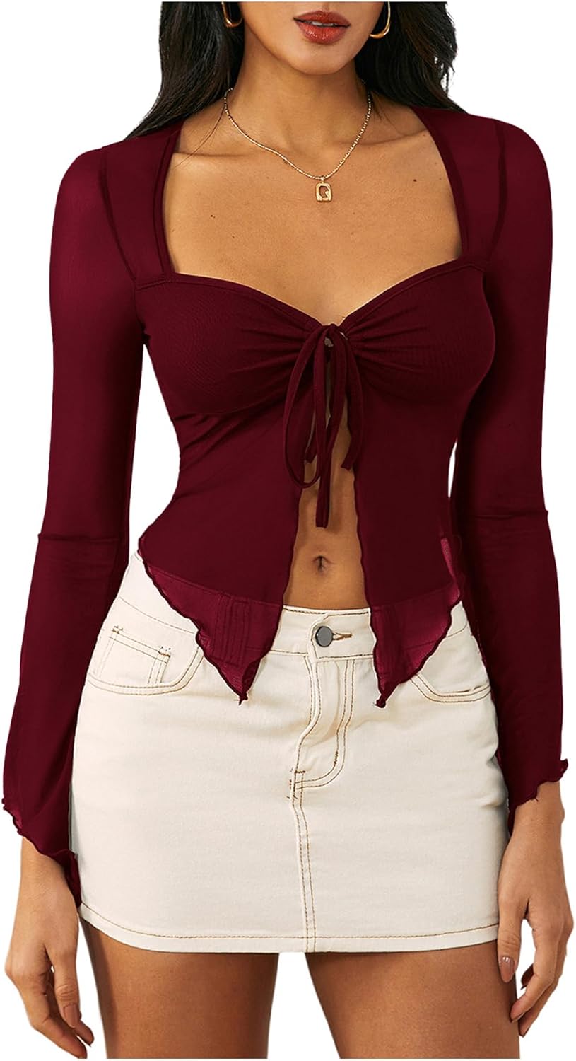 WDIRARA Women's Long Sleeve Front Tie Top Sexy Mesh Bell Sleeve Shirt