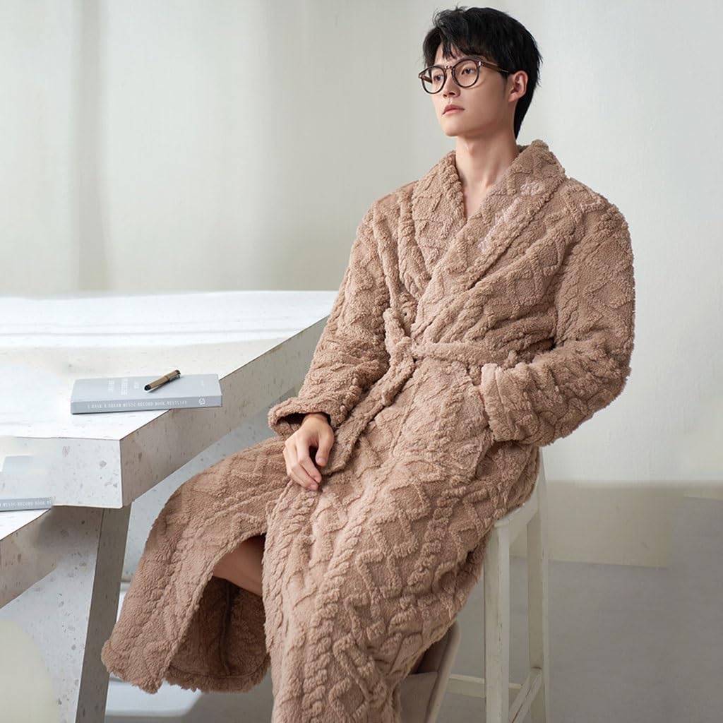 LEIYTFE Albornoz De Noche para Hombre,Albornoz De Baño Bata Invierno Cálido Pijama Casa Abrigo con Bolsillo Y Cinturón Albornoz Largo De Hotel SPA(Bruin,XXL)