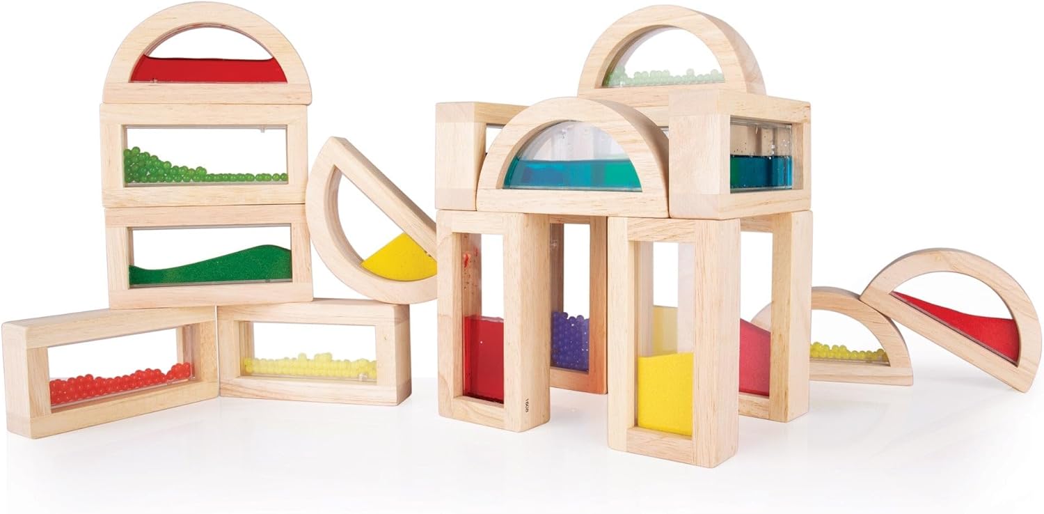 Guidecraft Sensory Rainbow Blocks - 18 pc. Set: 6 Shimmering Water, 6 Sand and 6 Crystal Bead Blocks, Construction Building Toy Set for Kids - Stacking Blocks