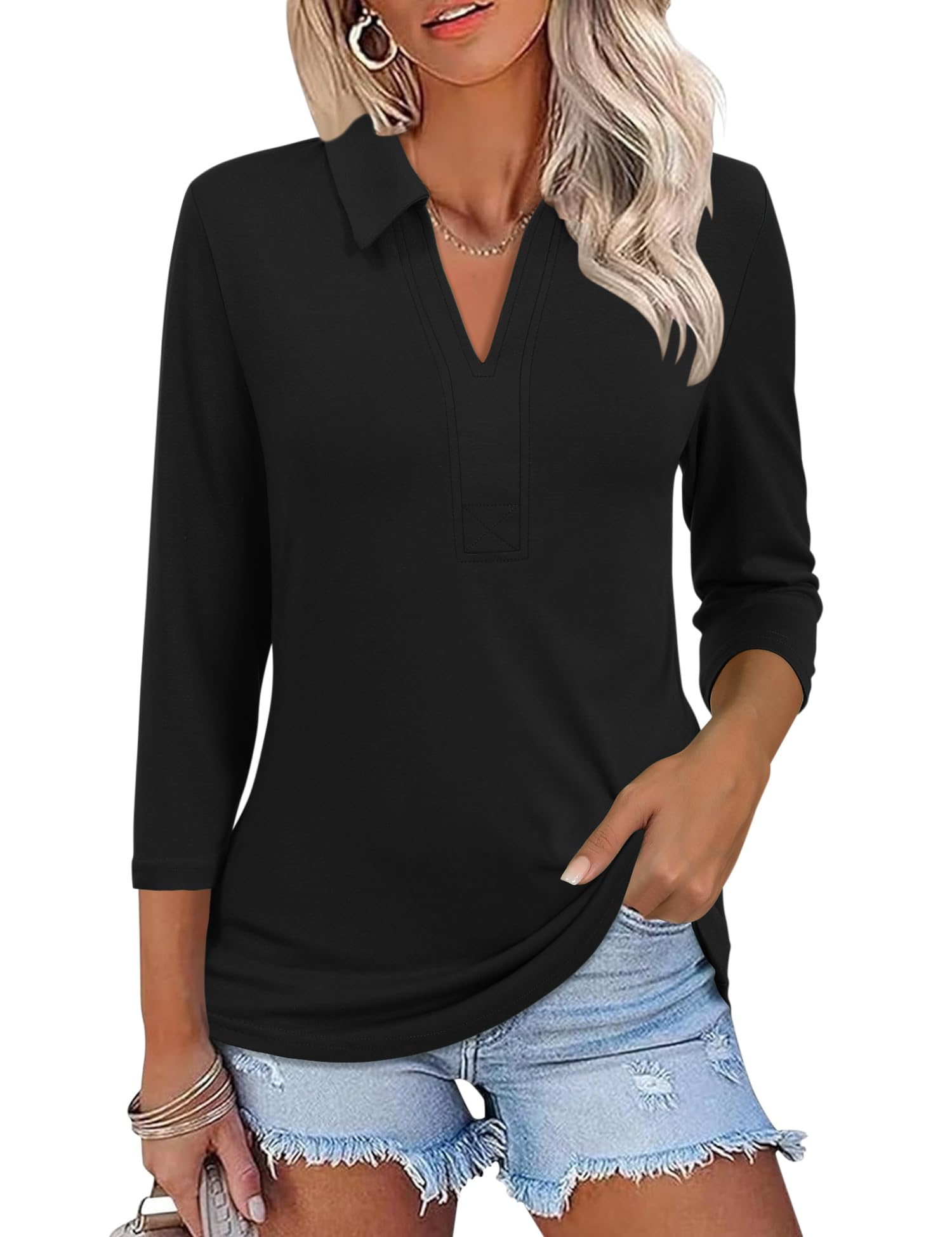 Women's 3/4 Length Sleeve V-Neck Collared Tops Summer Business Casual Work Polo Shirts 2025-image-2