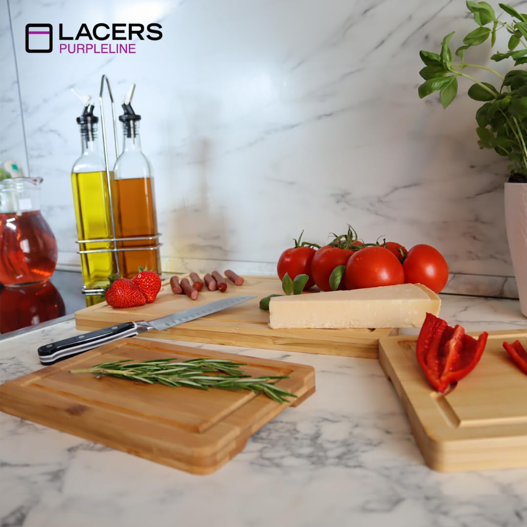Lacers PurpleLine Tabla de cortar de madera de bambú, juego de 3 piezas, apto para lavavajillas, tabla de madera para cocina y desayuno, tabla de bambú, tabla para cubrir la estufa, tabla de cortar
