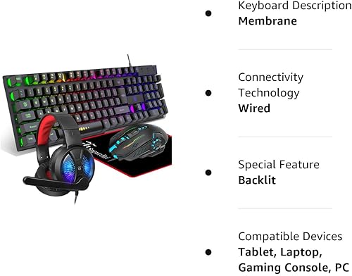 Miniatura 8 de Teclado y mouse para juegos, auriculares, alfombrilla de mouse, combo todo en uno para jugadores de PC y usuarios de Xbox y PS4